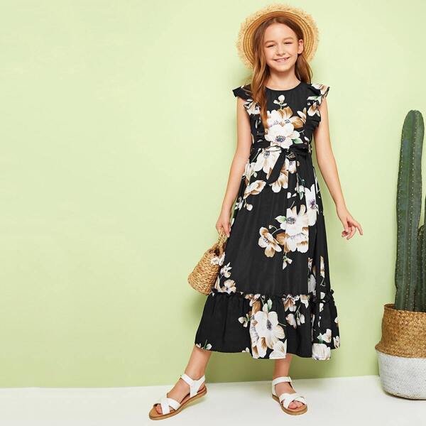 

Girls Ruffle Trim Belted Floral Print Dress, Black