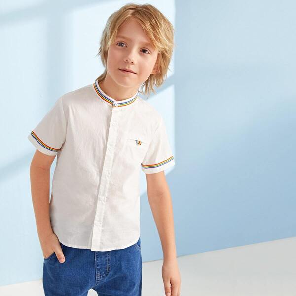 

Boys Rainbow Ringer Curved Hem Placket Shirt, White