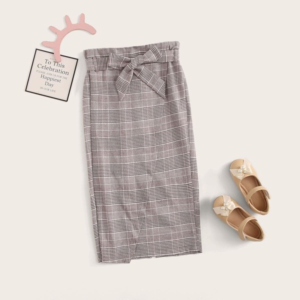 

Girls Belted Paperbag Waist Slit Hem Plaid Skirt