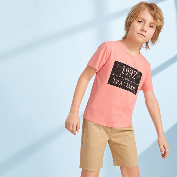

Boys Slogan Print Tee and Slant Pocket Shorts Set