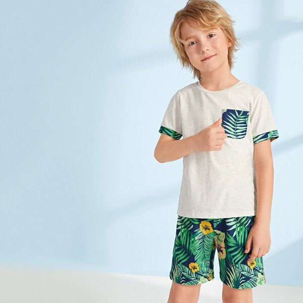 

Boys Pocket Patched Top & Tropical Print Shorts Set, Multicolor
