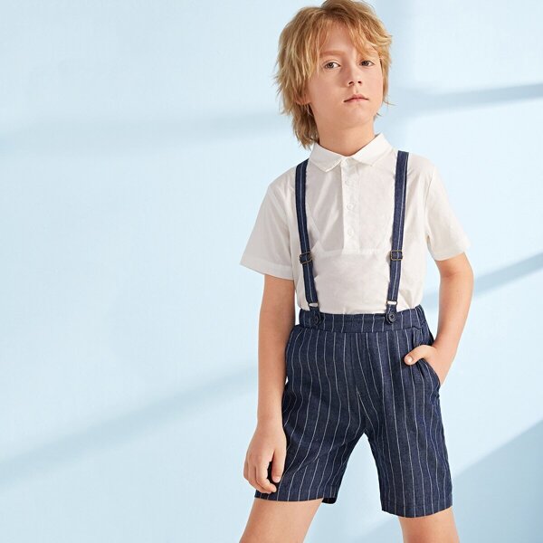 

Boys Button Front Polo Shirt & Striped Pinafore Shorts Set, Multicolor