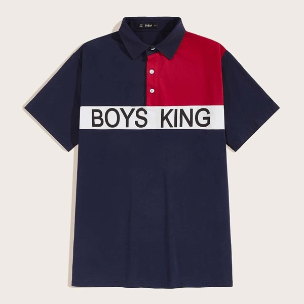 

Men Colorblock Slogan Print Polo Shirt