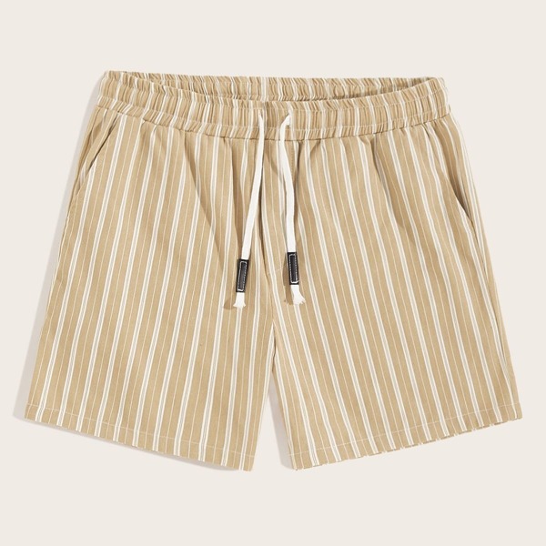 

Men Drawstring Waist Slant Pocket Striped Shorts, Khaki