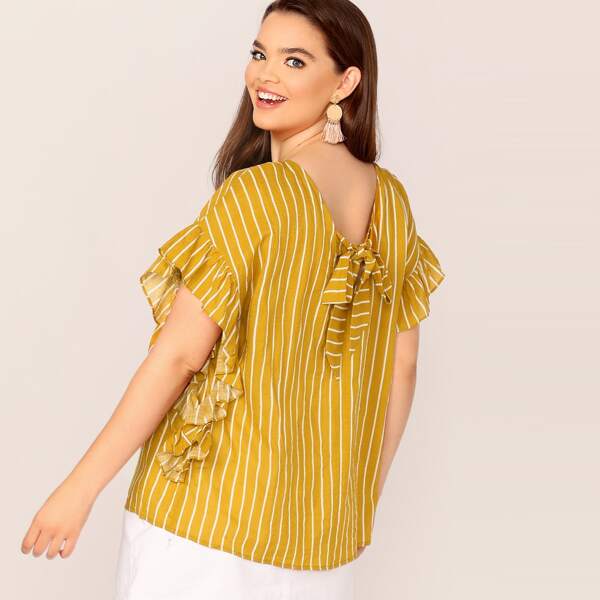 

Plus Ruffle Trim Tie Back Striped Top, Yellow