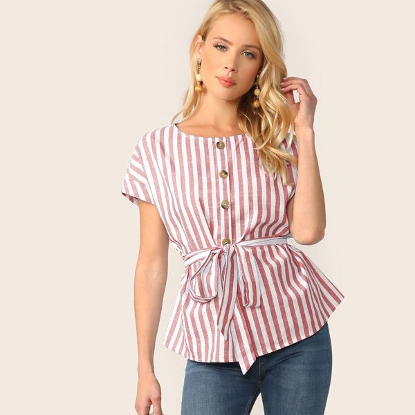 

Cuffed Sleeve Button Front Self Belted Striped Top