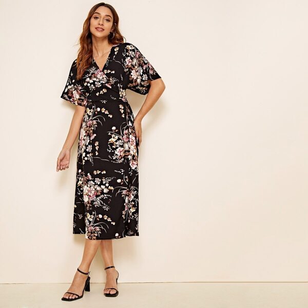 

Ditsy Floral Surplice Neck Wrap Knotted Dress