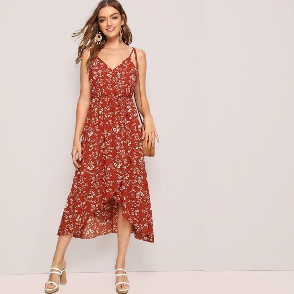 

Asymmetrical Hem Wrap Belted Slip Dress, Red