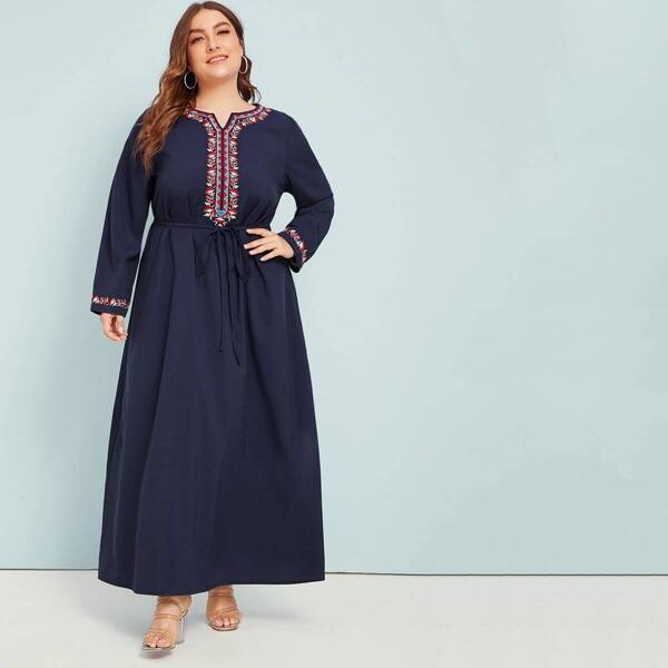 

Plus Notch Neck Embroidered Botanical Self Belted Dress, Navy