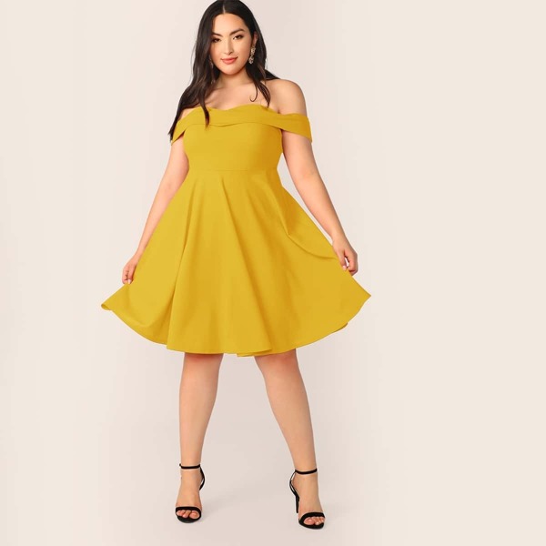 

Plus Off Shoulder Foldover Front Flared Dress