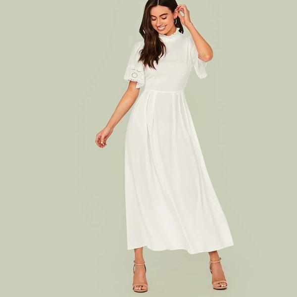 

Eyelet Embroidered Detail Fit & Flare Maxi Dress, White