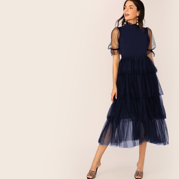 

Mock-neck Layered Mesh Ruffle Hem Dress Without Ring