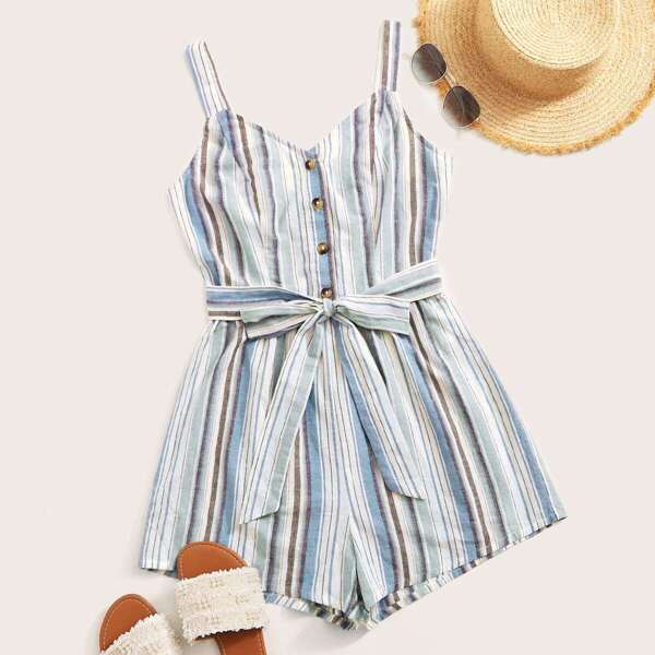 

Button Front Striped Belted Romper, Multicolor