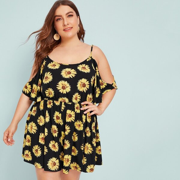 

Plus Sunflower Print Cold Shoulder Romper