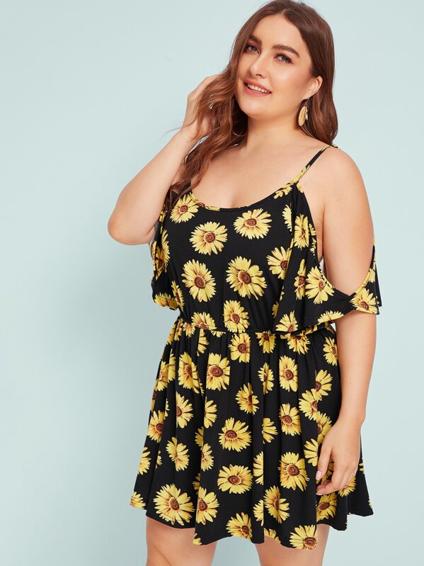 

Plus Sunflower Print Cold Shoulder Romper, Black, Franziska