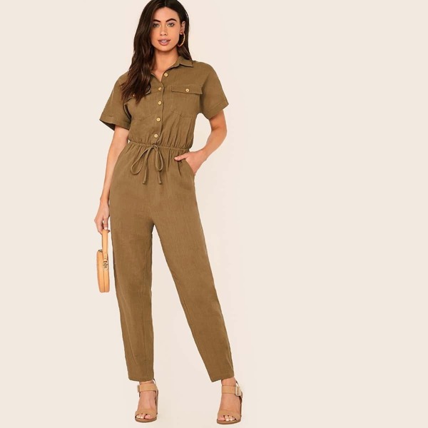 

Button Front Drawstring Waist Flap Pocket Jumpsuit, Camel