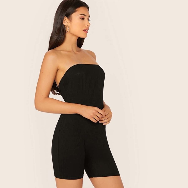 

Solid Rib-knit Tube Romper, Black