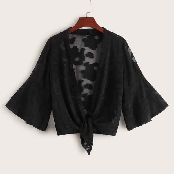 

Knot Hem Semi Sheer Jacquard Kimono, Black
