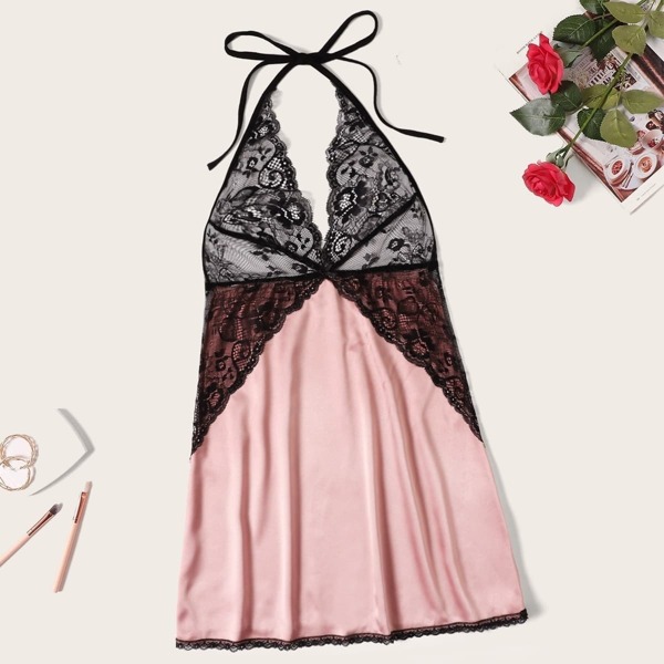 

Plus Tie Back Contrast Lace Overlay Night Dress