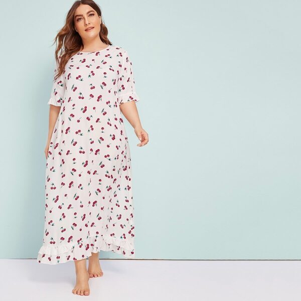 

Plus Lace Ruffle Hem Cherry Print Night Dress, Multicolor