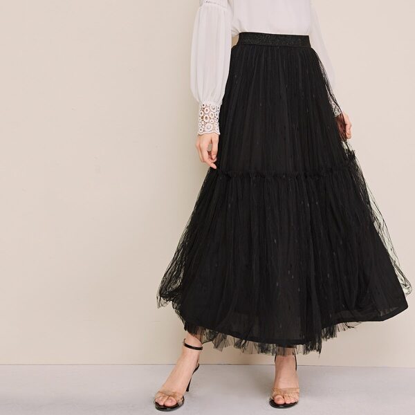 

Glitter Waist Frill Trim Mesh Overlay Skirt
