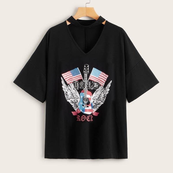 

Mixed Print Choker Neck Drop Shoulder Top, Black