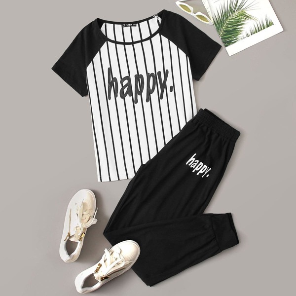

Letter & Striped Raglan Sleeve Tee & Pants Set, Black and white