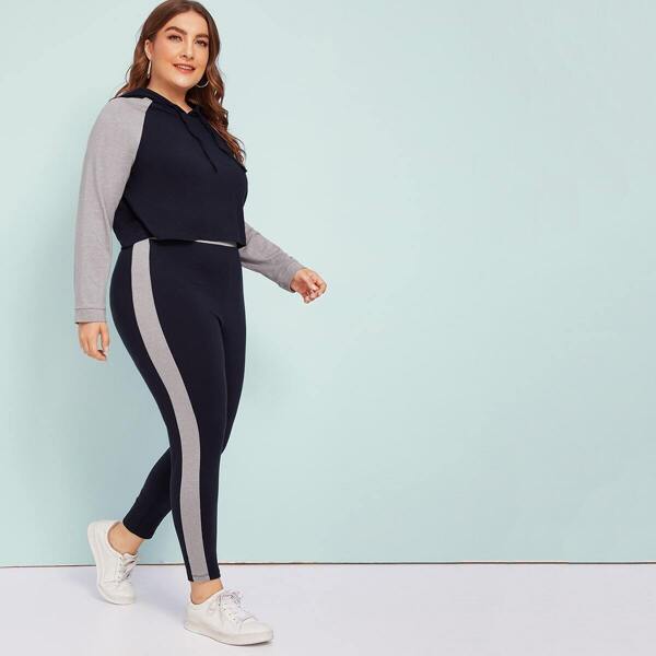

Plus Color-block Raglan Sleeve Hoodie & Leggings Set
