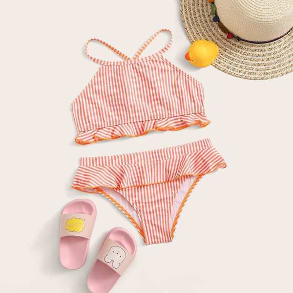 

Girls Striped Criss Cross Ruffle Hem Bikini Set, Orange