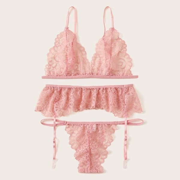 

Plus Floral Lace Garter Lingerie Set, Pink pastel
