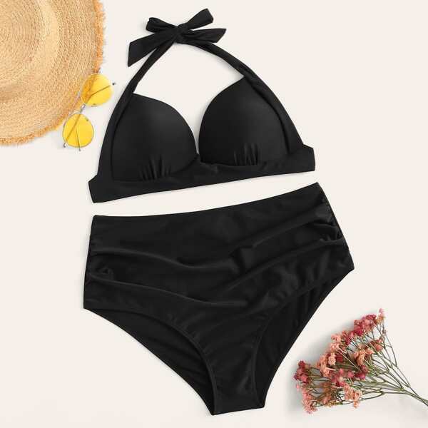 

Plus Triangle Halter Top With High Waist Bikini Set, Black