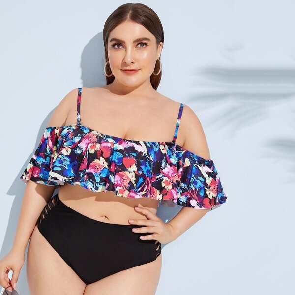 

Plus Floral Flounce Top With Cut Out Bikini Set, Multicolor