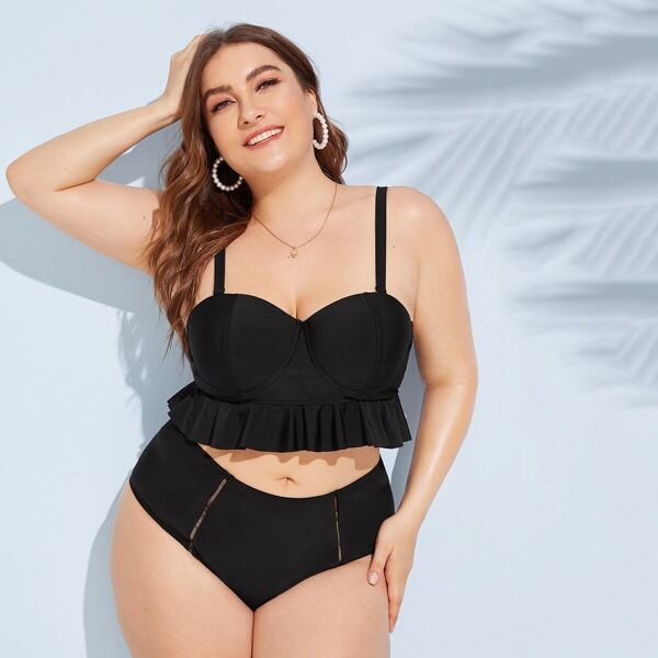 

Plus Ruffle Hem Top With High Waist Bikini Set, Black