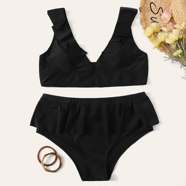 

Plus Ruffle Trim Top With High Waist Bikini Set, Black