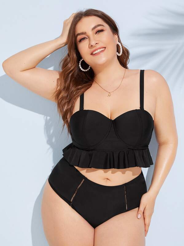 

Plus Ruffle Hem Top With High Waist Bikini Set, Black, Franziska