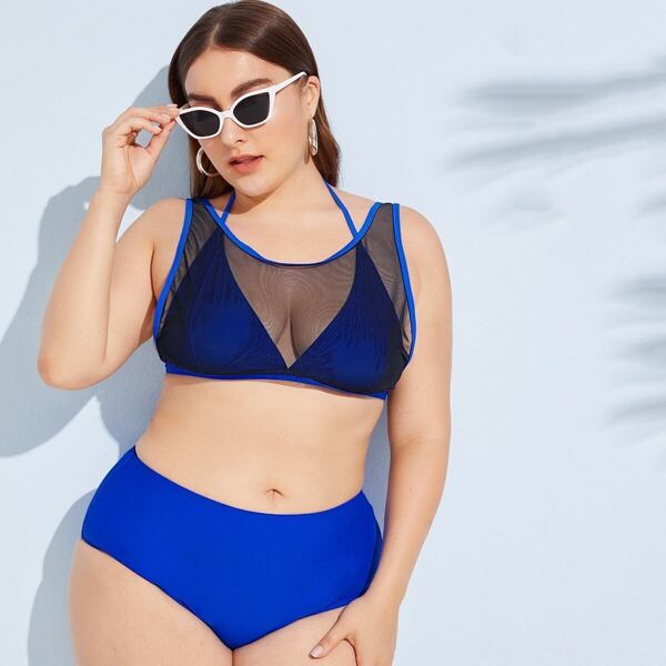 

Plus Contrast Mesh Halter Bikini Set, Blue bright