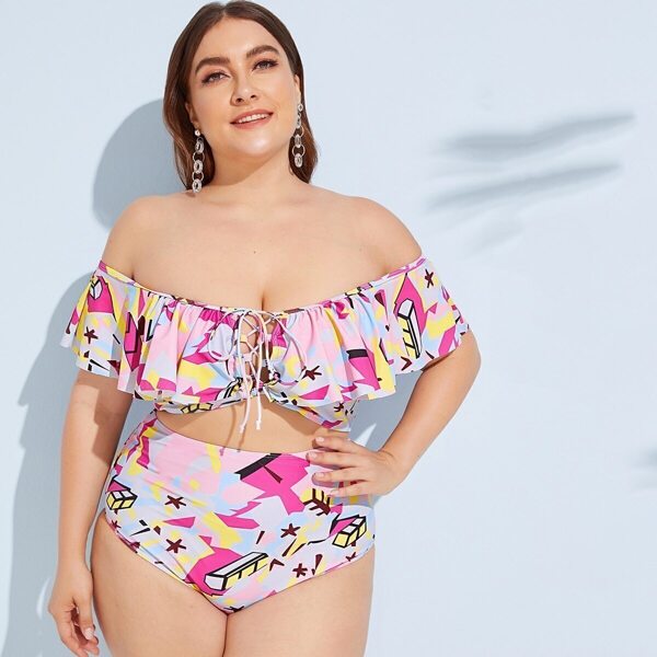 

Plus Abstract Lace Up Flounce Bikini Set