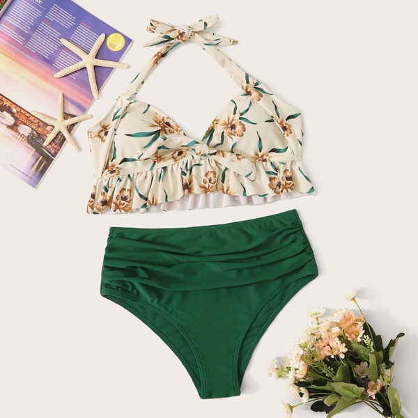 

Floral Halter Top With Ruched Bikini Set