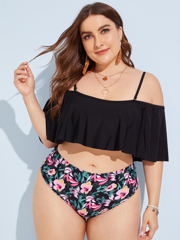 

Plus Flounce Top With Floral Bikini Set, Multicolor, Franziska