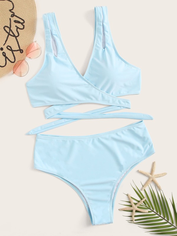 

Plus Criss Wrap Top With High Waist Bikini Set, Blue