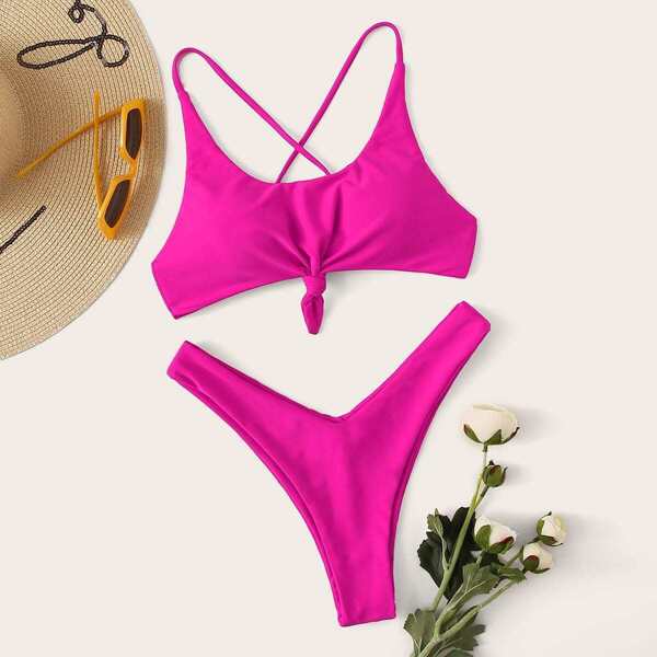 

Knot Hem Lace Up Back Bikini Set