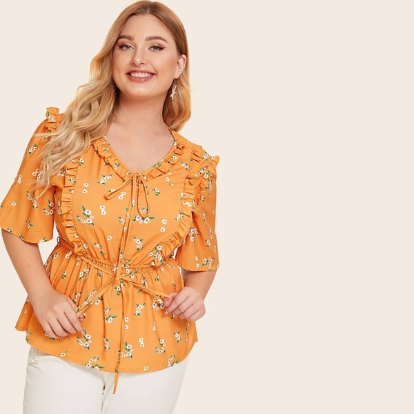 

Plus Ditsy Floral Print Frill Trim Belted Blouse, Yellow