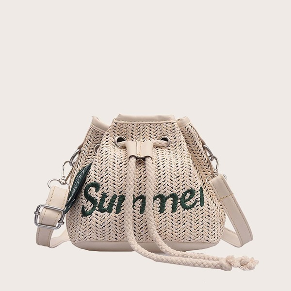 

Letter Embroidered Bucket Bag With Drawstring, Beige