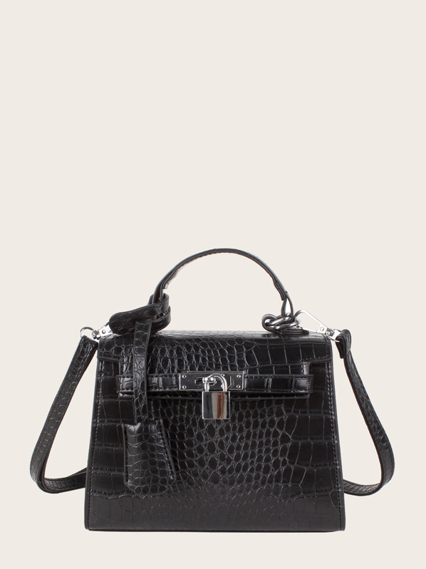 

Metal Lock Decor Croc Embossed Satchel Bag, Black
