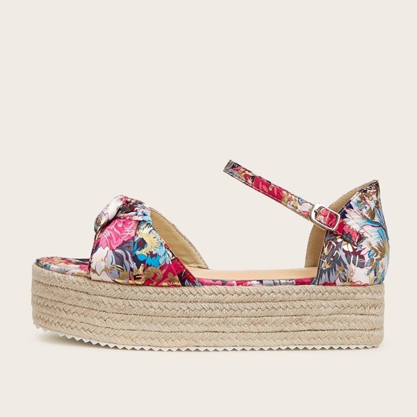 

Floral Print Buckle Strap Espadrille Wedges