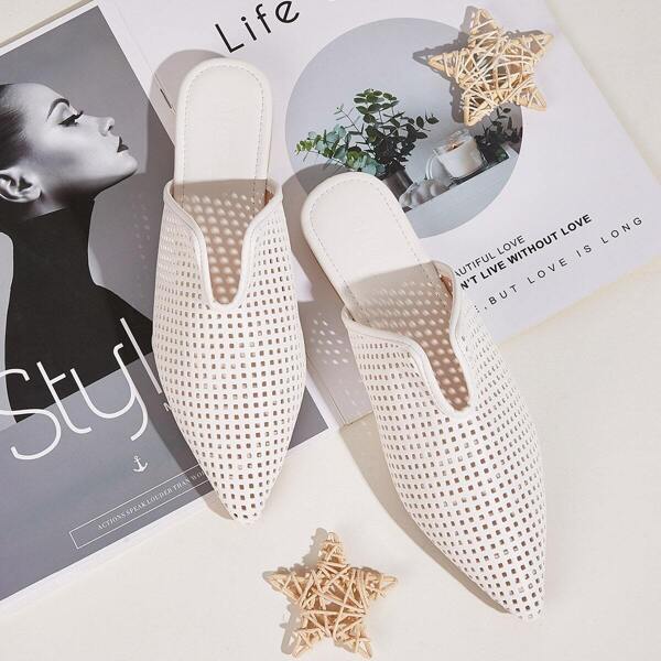 

Point Toe Hollow Out Flat Mules, White