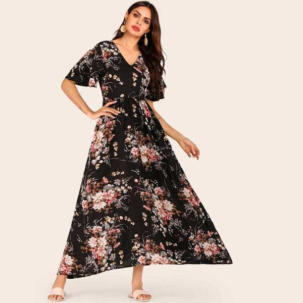 

Floral Print V-neck Dress, Black