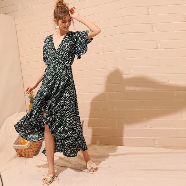 

Ditsy Floral Print Wrap Dress, Black