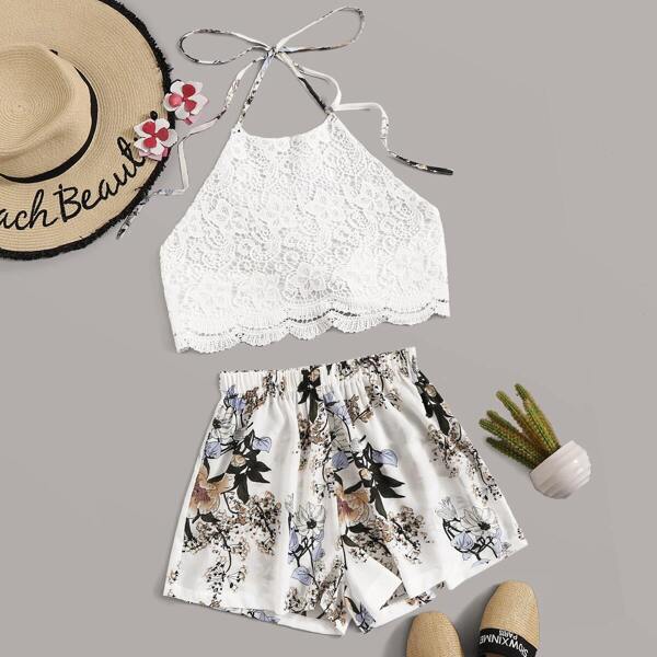 

Floral Print Tie Back Halter Lace Top With Shorts, Multicolor