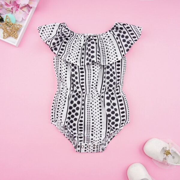 

Baby Girl Polka Dot & Stripe Print Ruffle Romper, Black and white